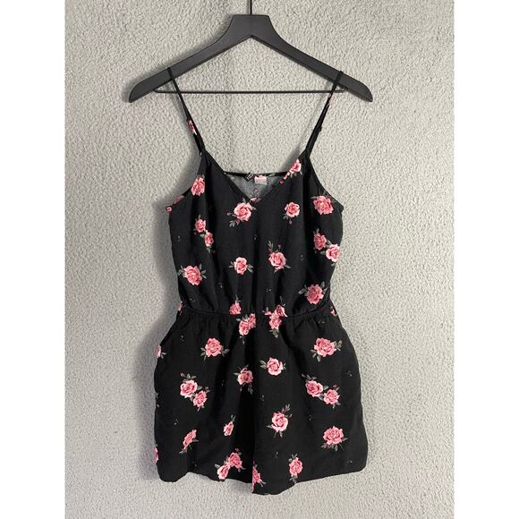 Divided H&M Black Pink Rose‎ Floral Sleeveless Romper Women’s Size 8 Viscose - Picture 4 of 11